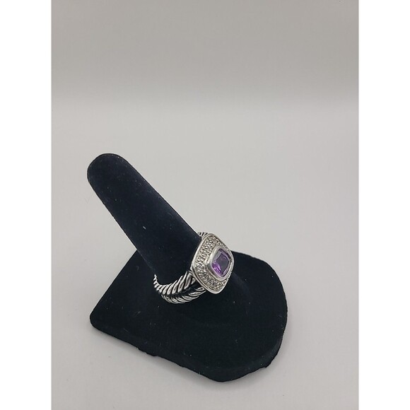 Vintage Silver Tone Purple Stone Halo Ring Rope Band Cushion Cut SZ 7 - Picture 6 of 11